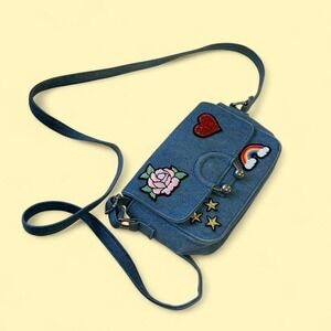 Blue denim crossbody bag heart rose star patches grunge bold artsy simple